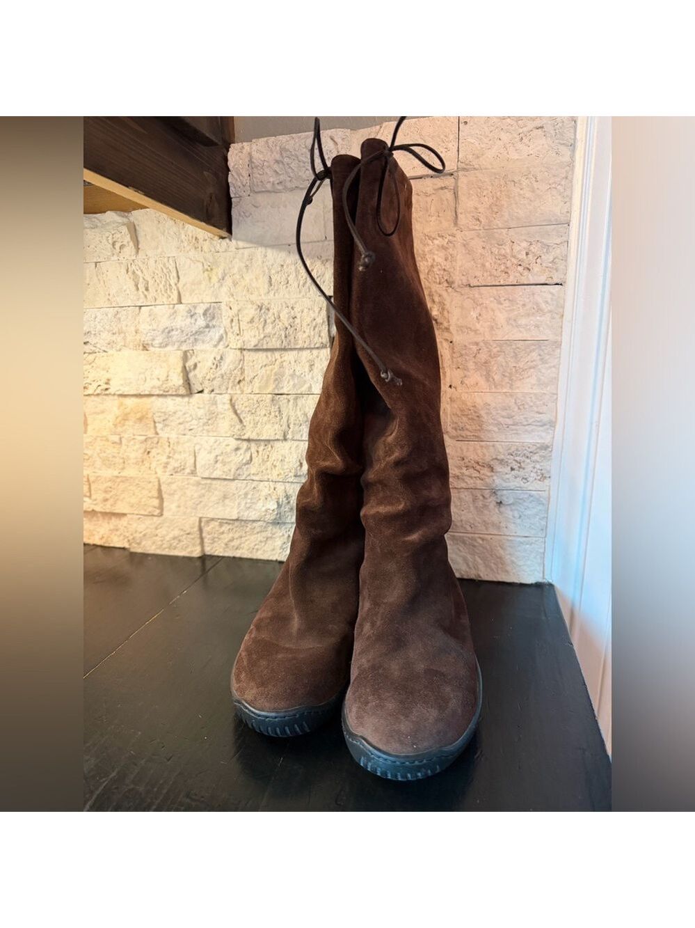Ralph Lauren Tall Suede Boots Brown Rubber Soles Knee High Leather Tie 8.5 B - Picture 7 of 10